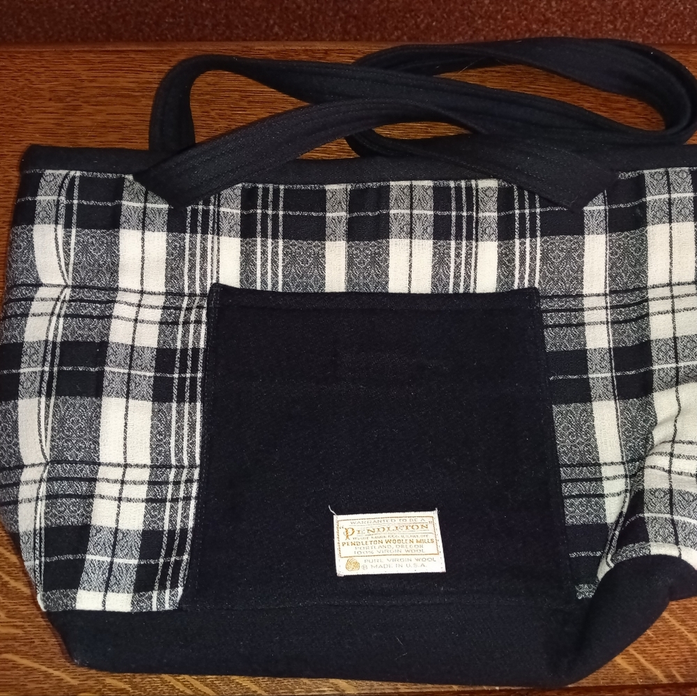 Vintage Pendleton Black Plaid Wool Tote